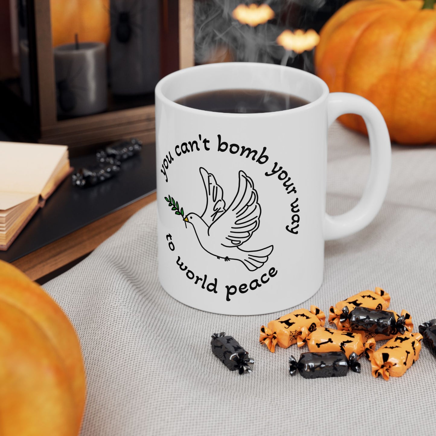 Bombs for Peace Dove with Olive Branch Mug | Inspirational Quote Ceramic Mug