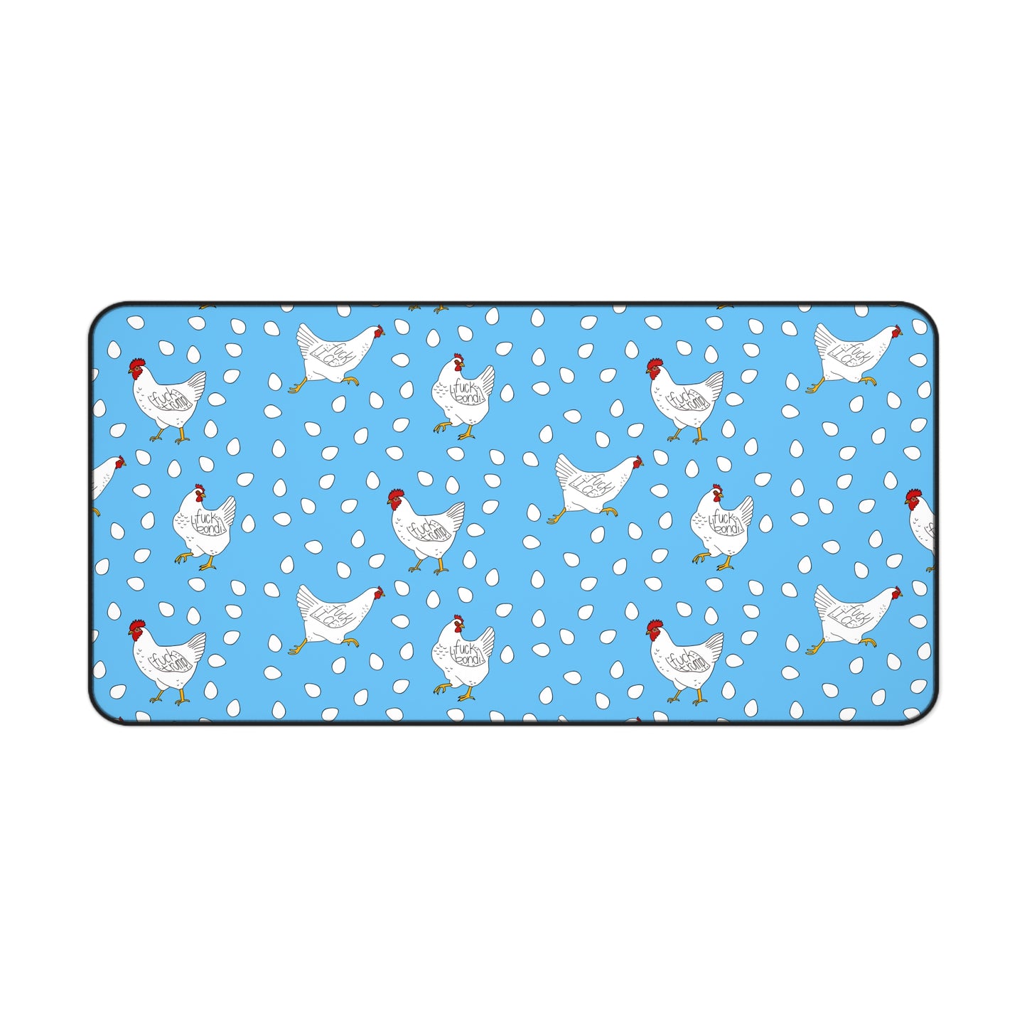 Slightly Subtle White Hen Pattern Desk Mat | Blue Chicken Eggs Pet Food Mat
