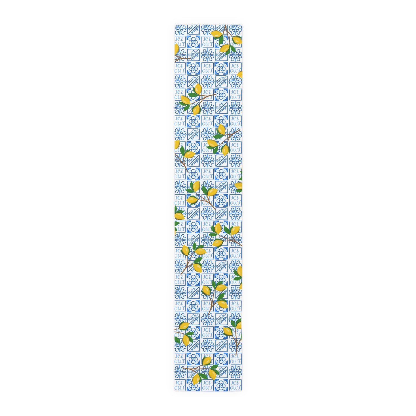 Amalfi Lemon and Blue Tile Pattern Table Runner | Mediterranean Ceramic Blue Motif, Cotton-Poly Blend
