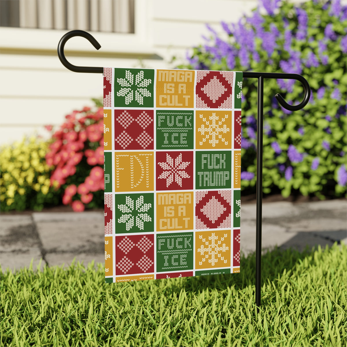 Holiday Christmas Garden Flag Funny Winter Snowflake “MAGA Is a Cult” Design