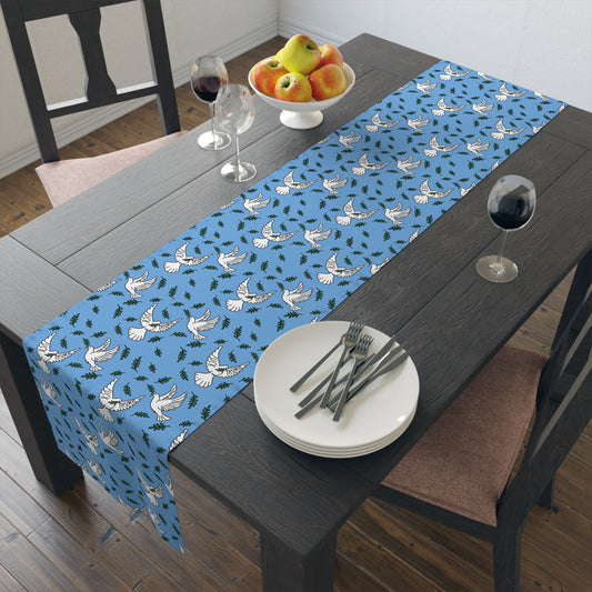 Slightly Subtle White Dove Pattern Table Runner | Blue Olive Branches