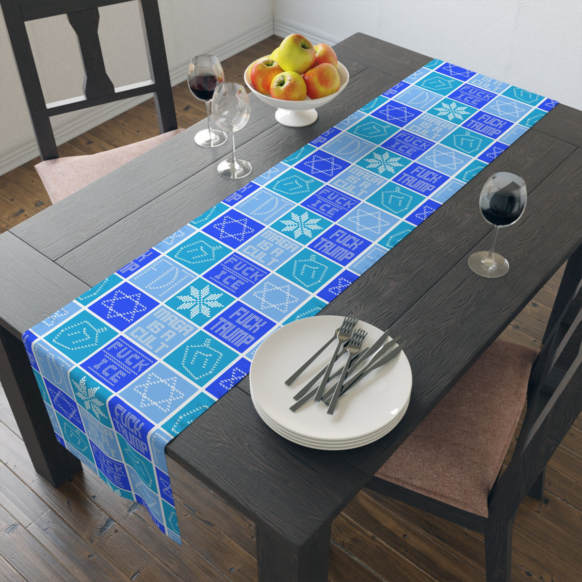 Hanukkah FDT Dreidel Patchwork Checkered Blue Winter Table Runner