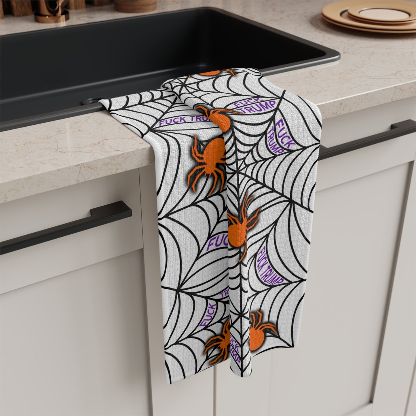 Halloween Spider Web Microfiber Tea Towel Orange Spiders