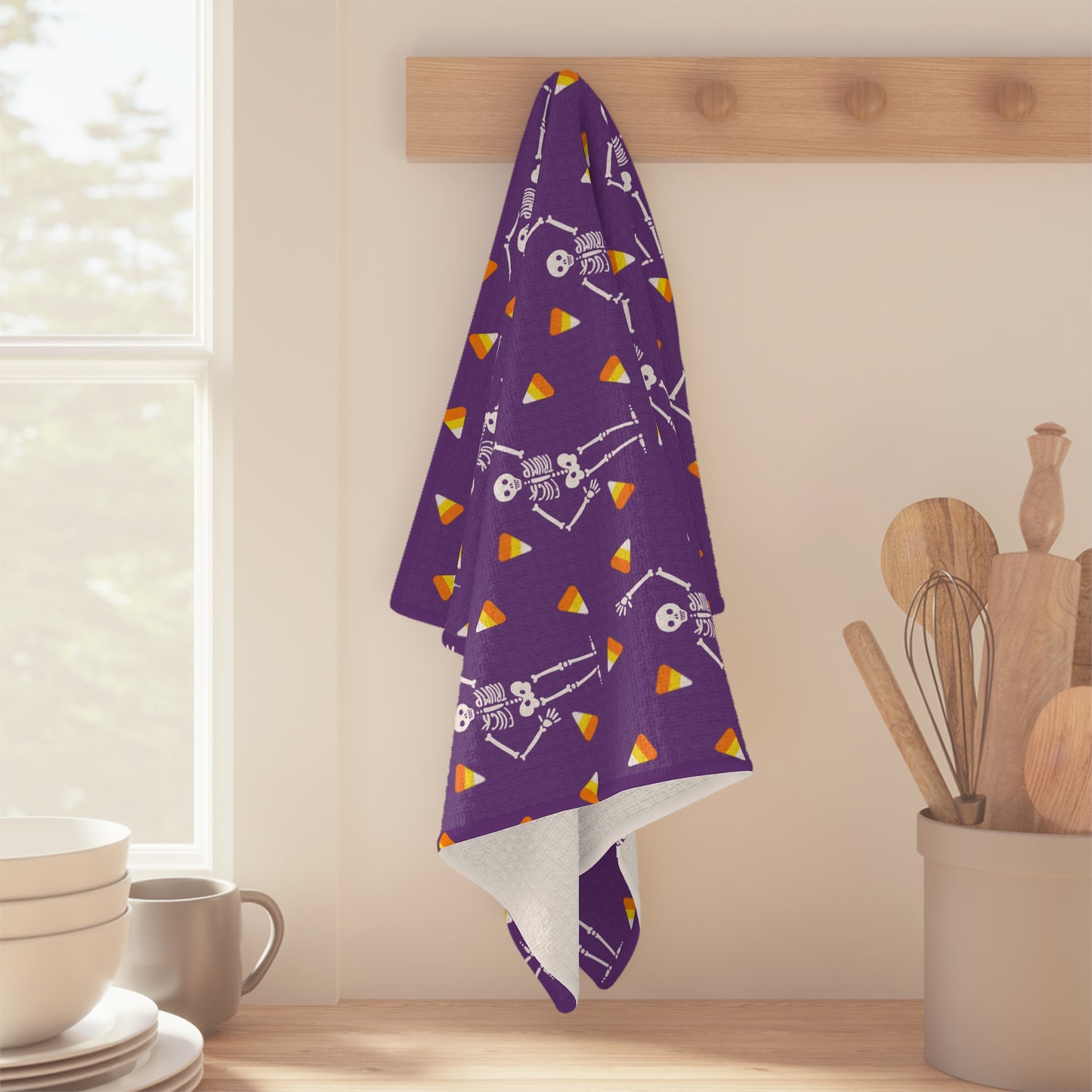 Halloween Skeleton & Candy Corn Microfiber Tea Towel purple
