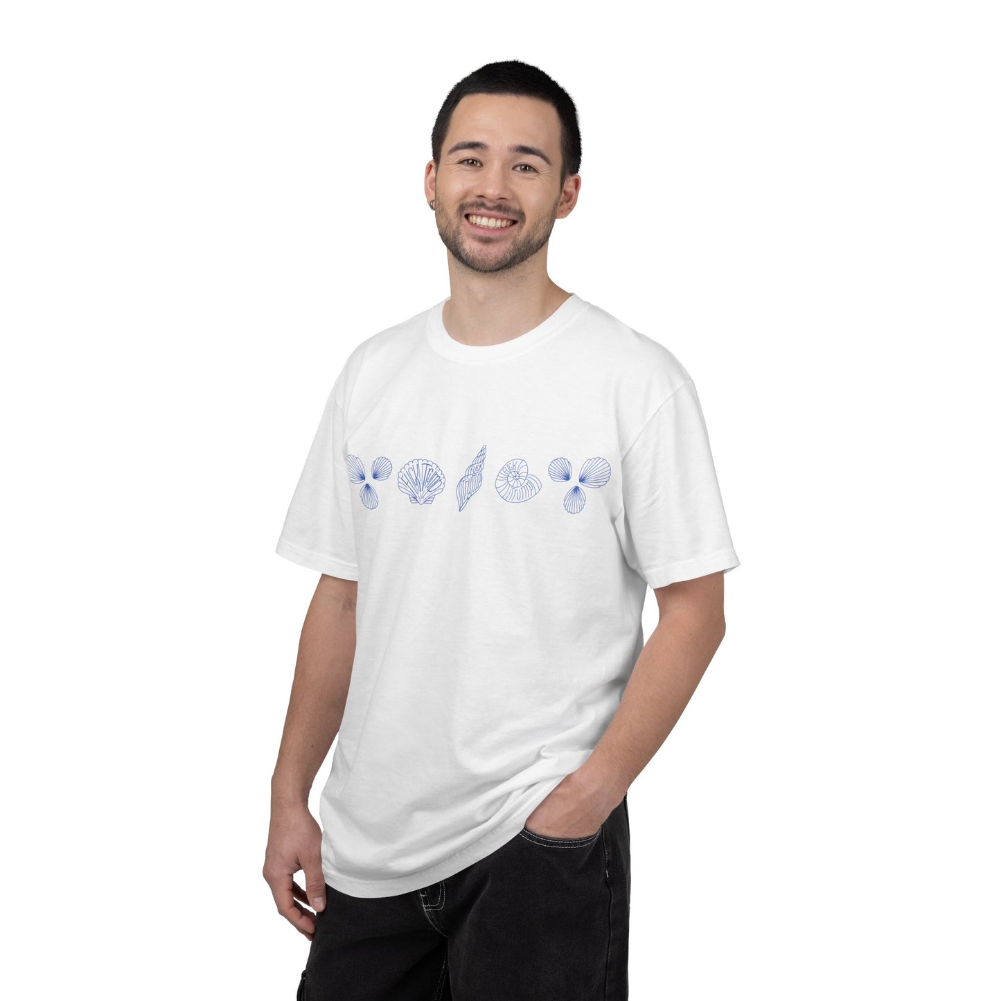 Slightly Subtle Blue Seashell Line Art T-Shirt | Minimal Coastal Doodle Prints FDT
