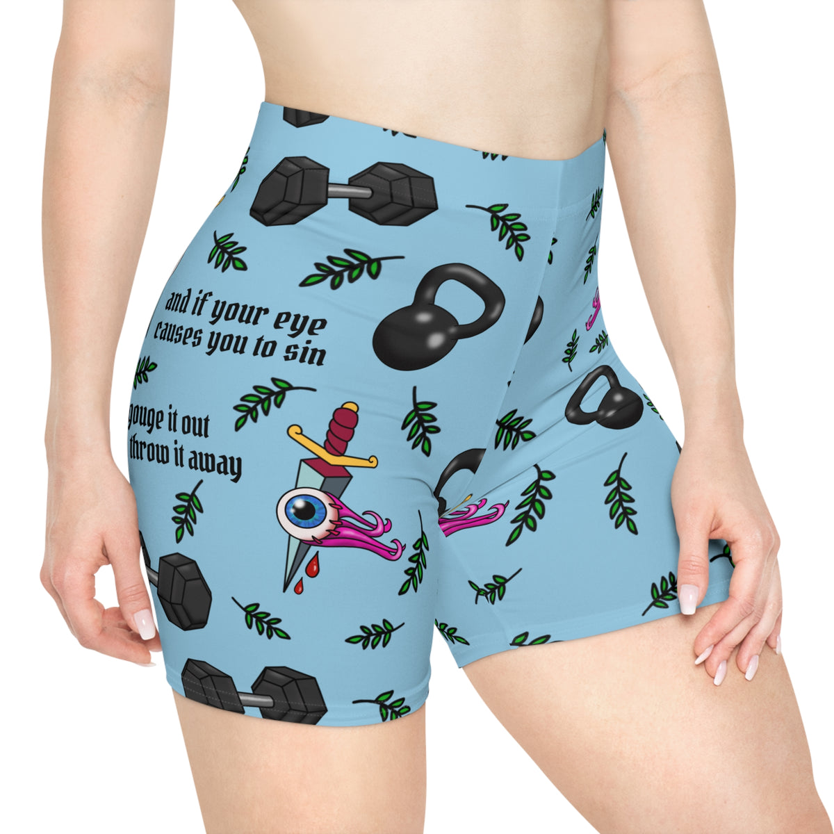 Women's Biker Shorts If your eye causes you to sin gouge it out and throw it away Whimsical Fitness Kettlebell Workout Print
