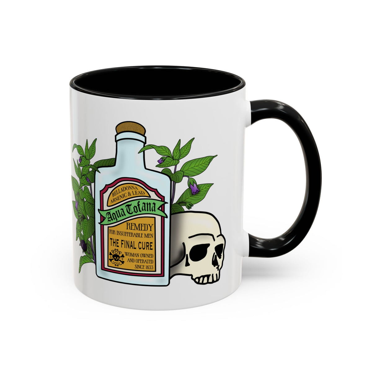Herbal Remedy Coffee Mug Aqua Tofana Potion Bottle, Skull & Botanical Gothic Accent Mug