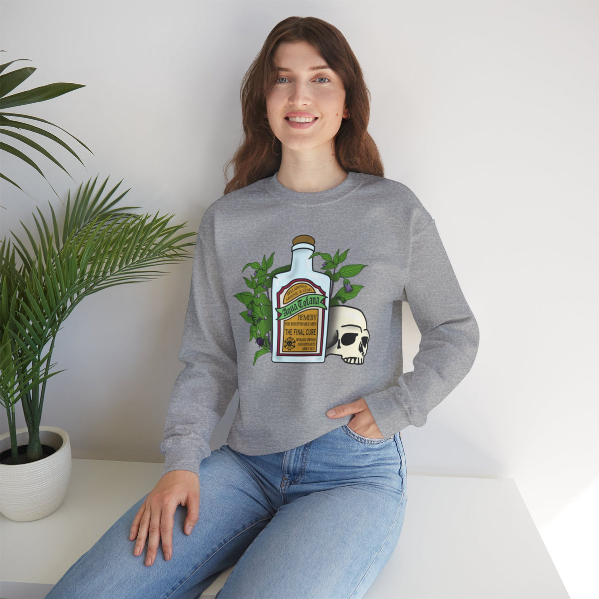 Crewneck Sweatshirt Aqua Tofana Apothecary Bottle & Skull Graphic