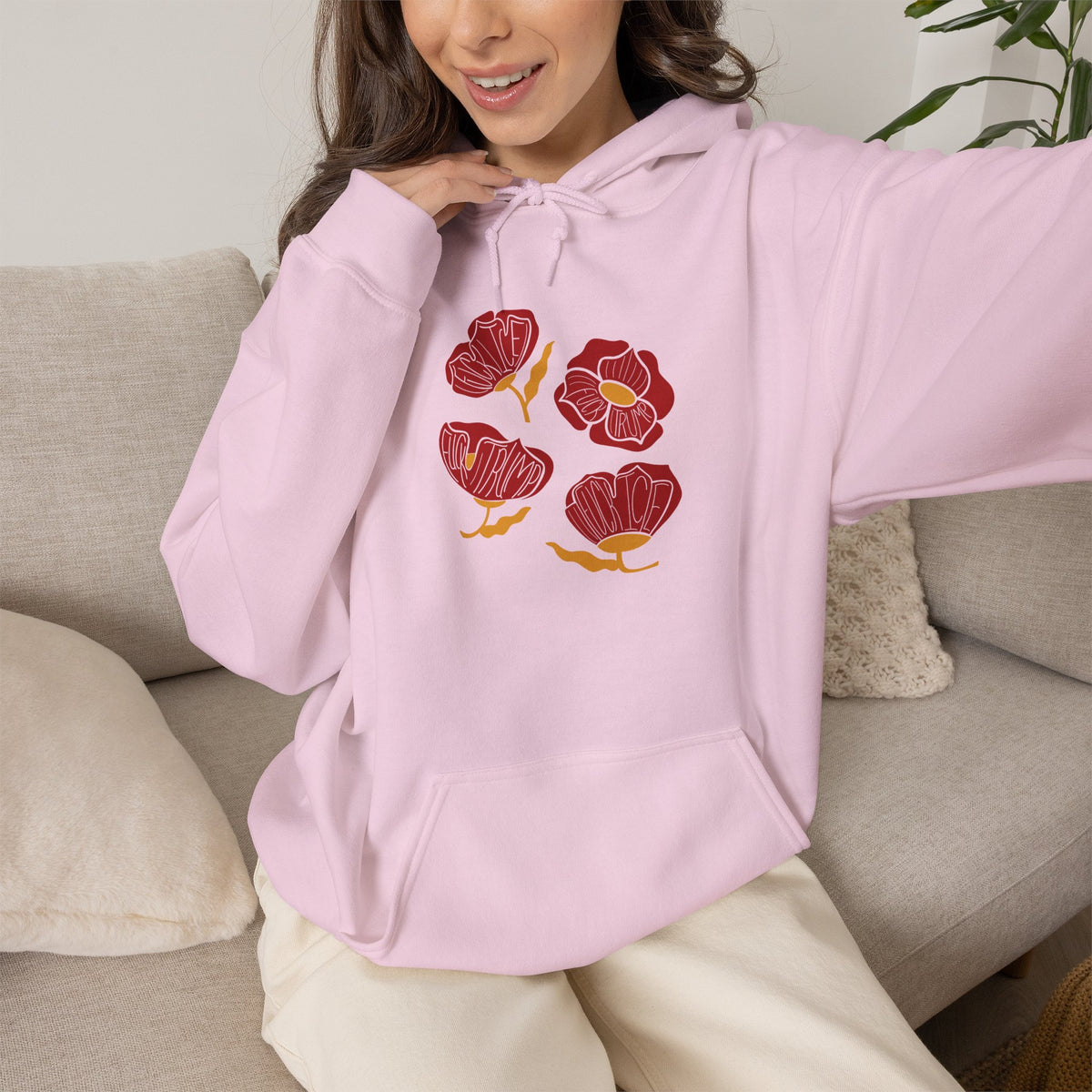 Slightly Subtle Red Poppy Flowers Hoodie | Floral Illustration, Minimal Line Art FDT