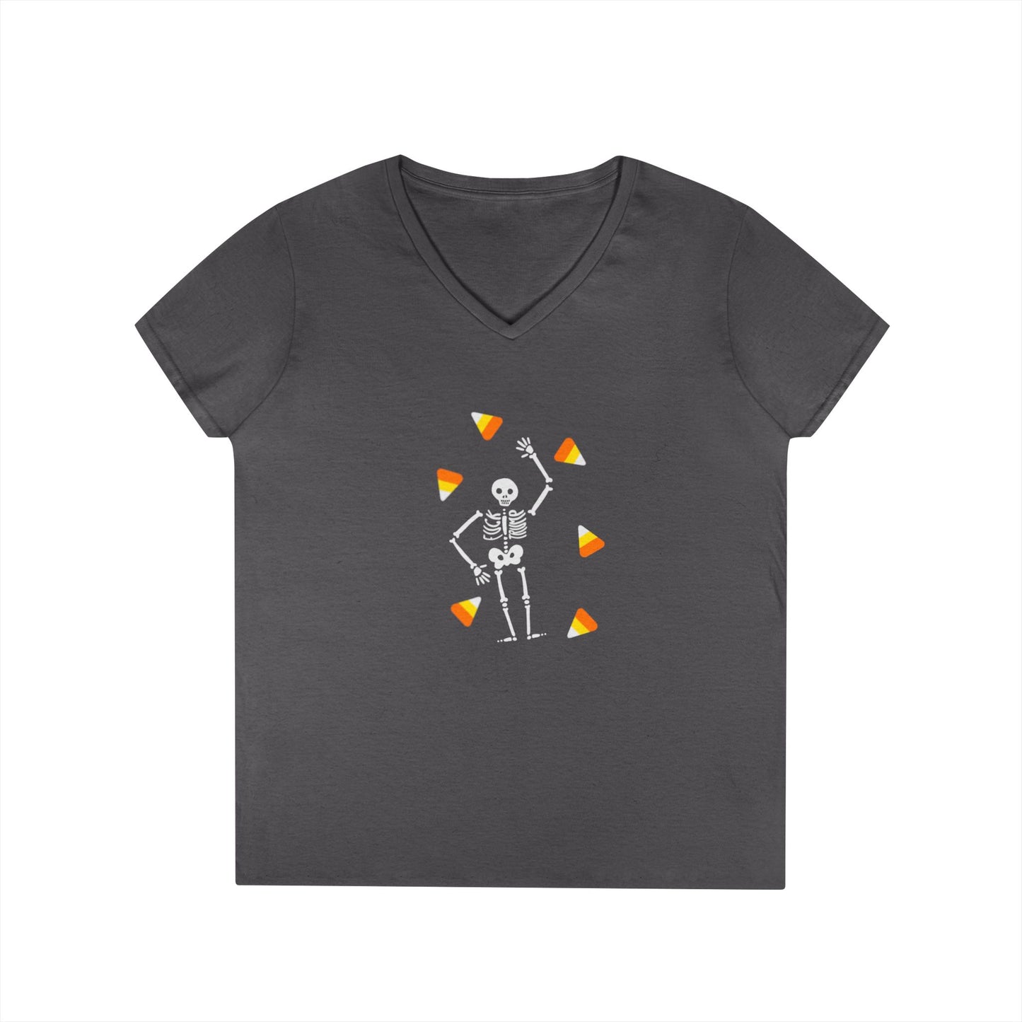 Skeleton & Candy Corn V-Neck Tee Cute Halloween T-Shirt