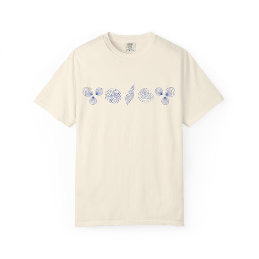 Slightly Subtle Blue Seashell Line Art T-Shirt | Minimal Coastal Doodle Prints FDT