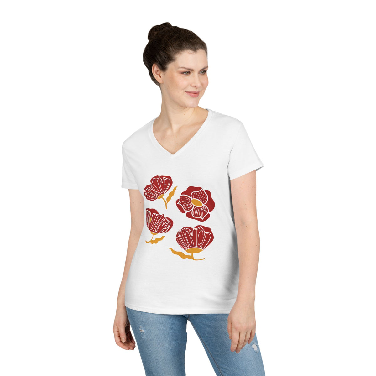 Slightly Subtle Red Poppies V-Neck T-Shirt | Floral Graphic Tee FDT