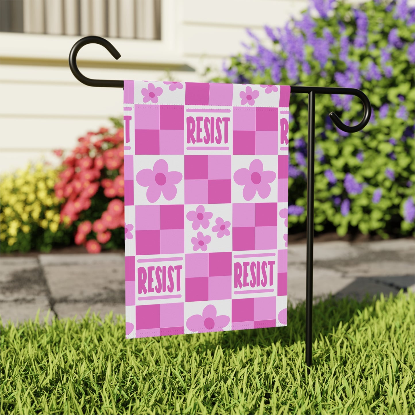 Resist Floral Garden Flag – Pink Checkerboard Welcome Banner