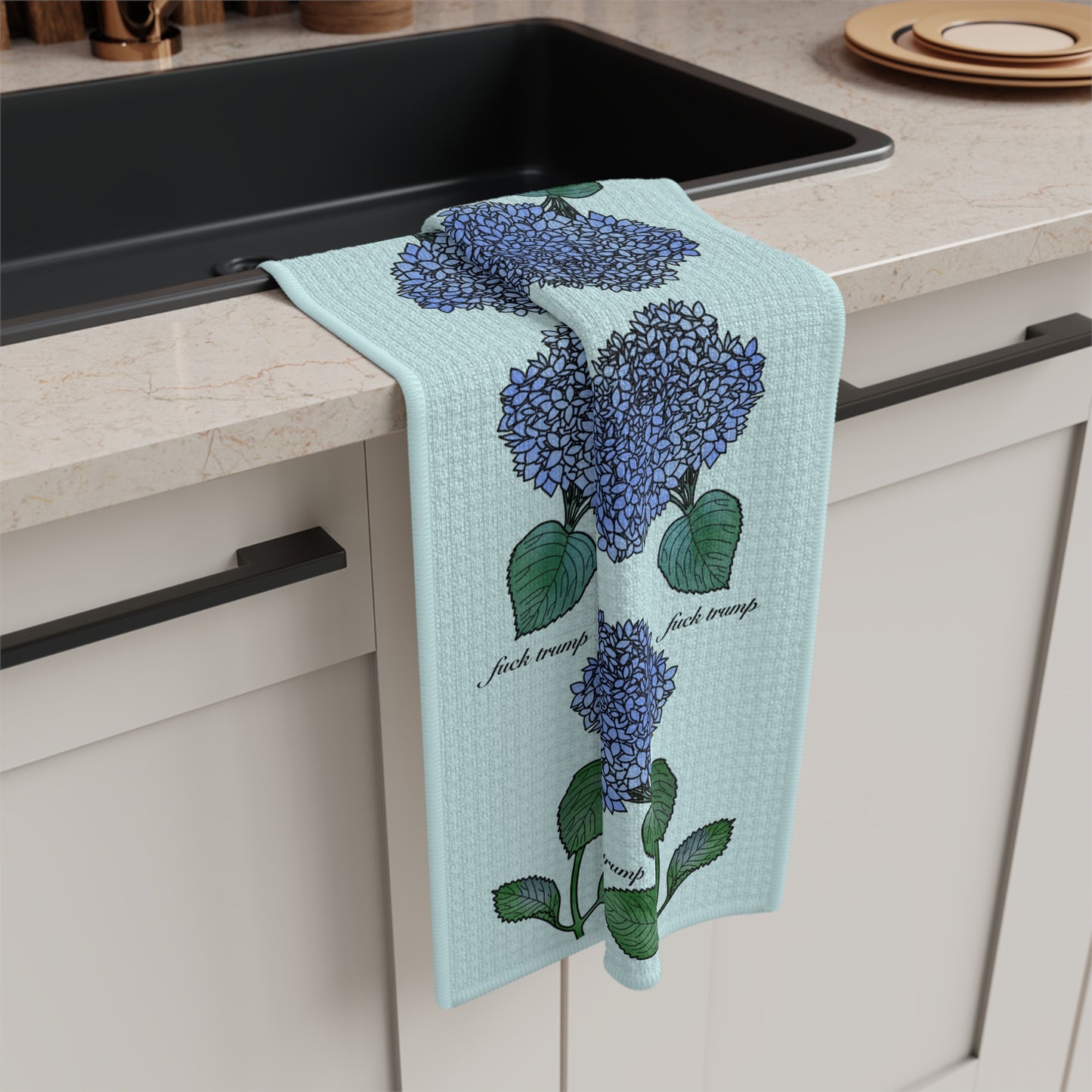 Hydrangea Blue Microfiber Tea Towel FDT Floral Kitchen Towel with "fresh snip" Script