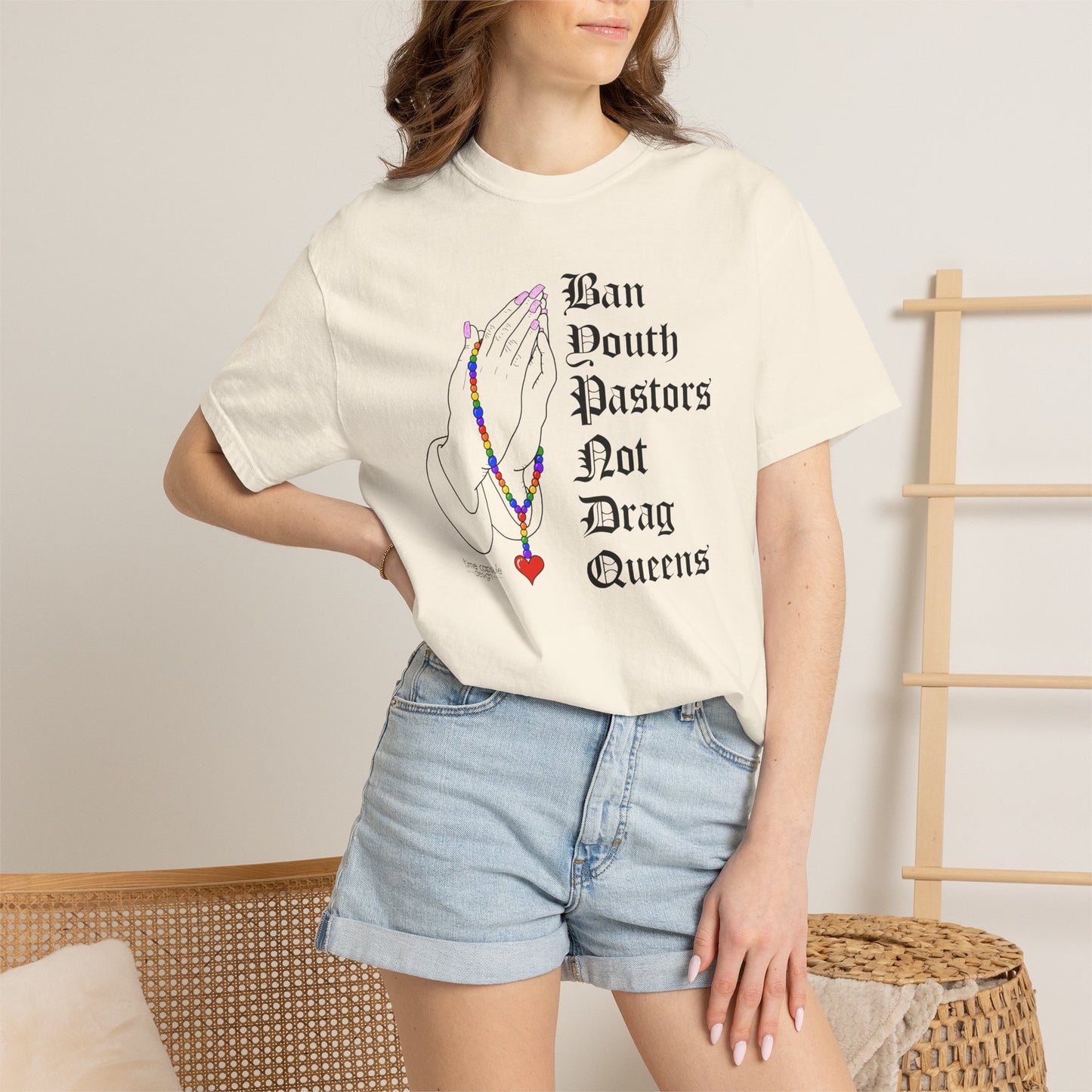 Ban South Pastors Not Drag Queens T-Shirt — Prayer Hands with Rainbow Rosary LGBTQ+ Ally Tee