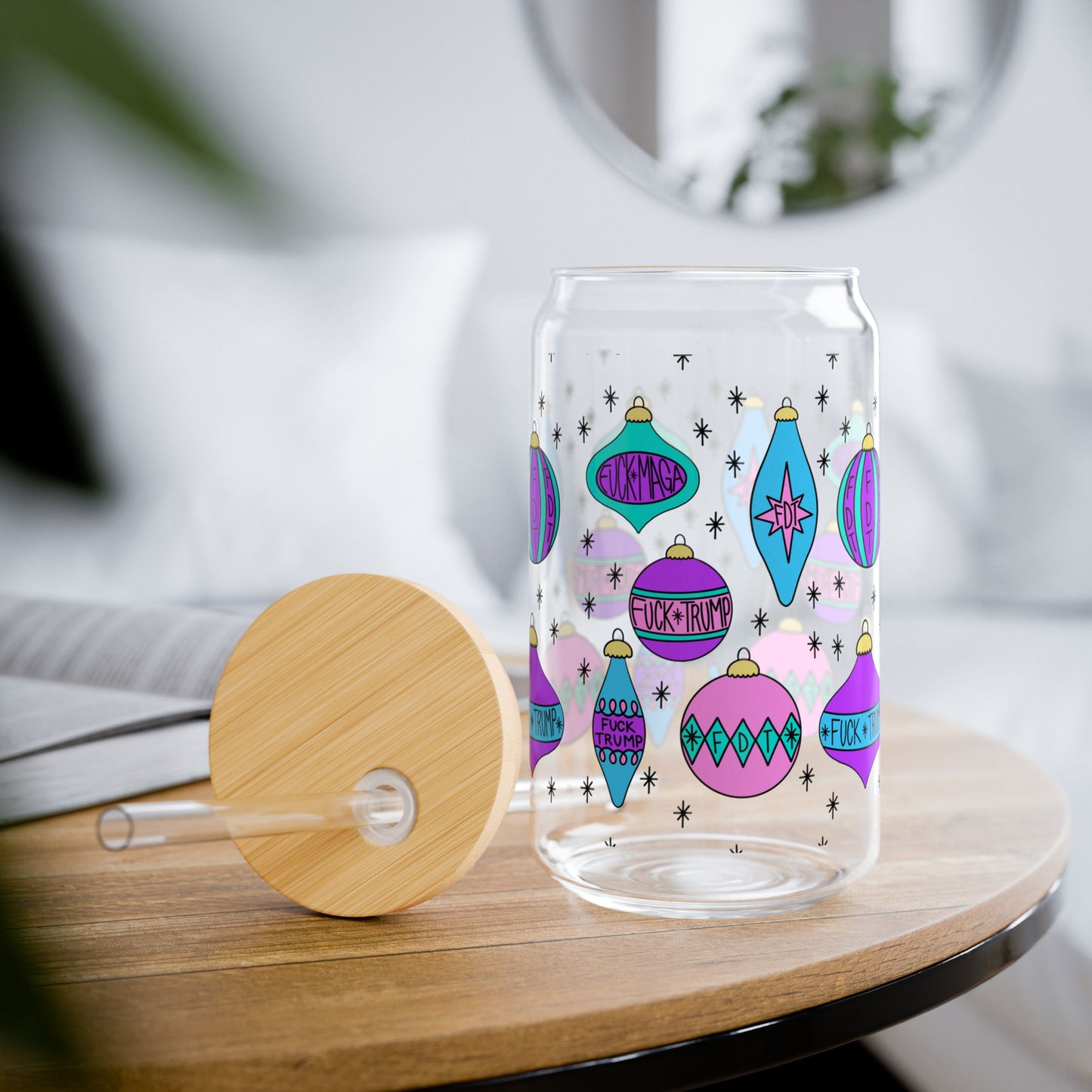 Slightly Subtle Retro Purple Teal Christmas Ornaments FDT Sipper Glass