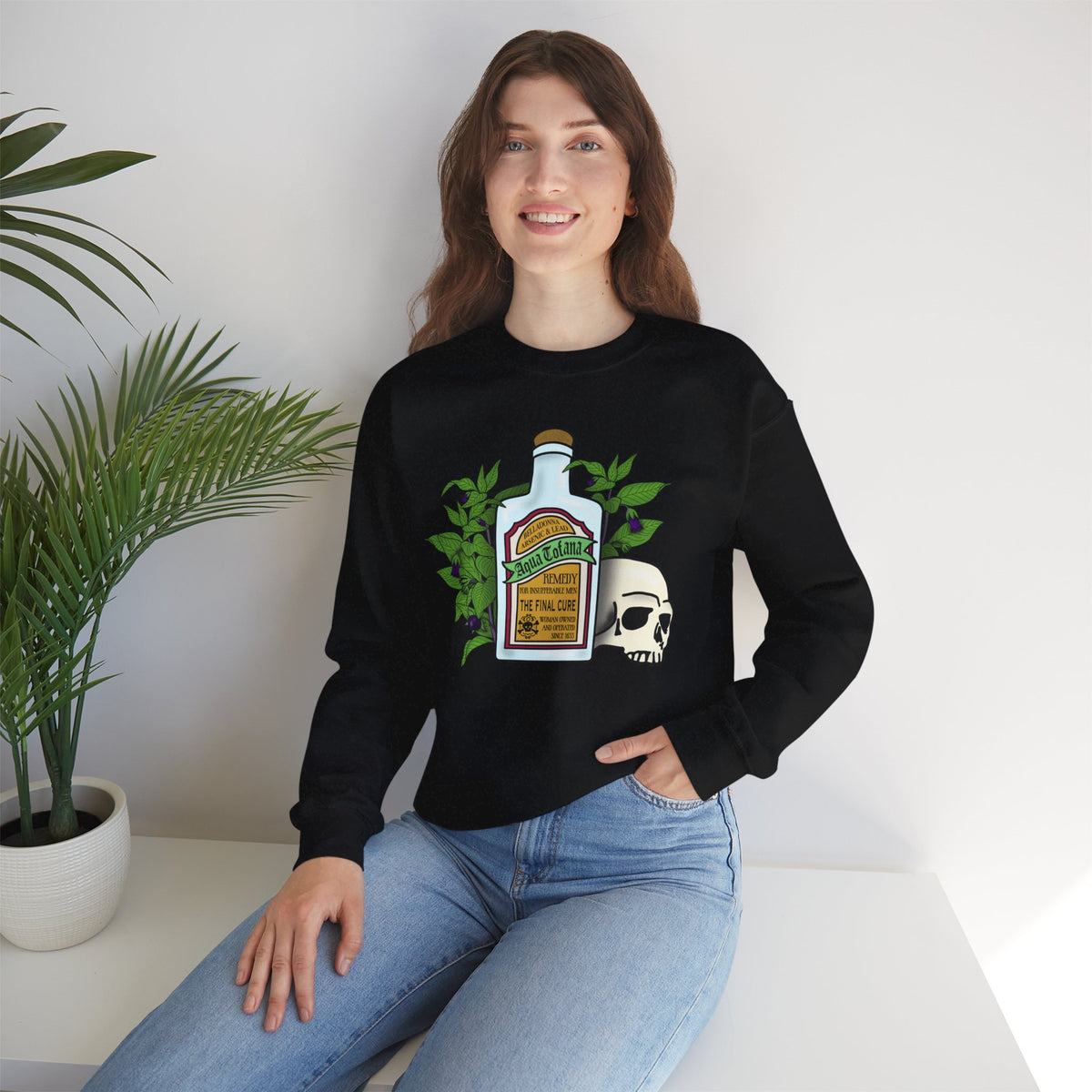 Crewneck Sweatshirt Aqua Tofana Apothecary Bottle & Skull Graphic