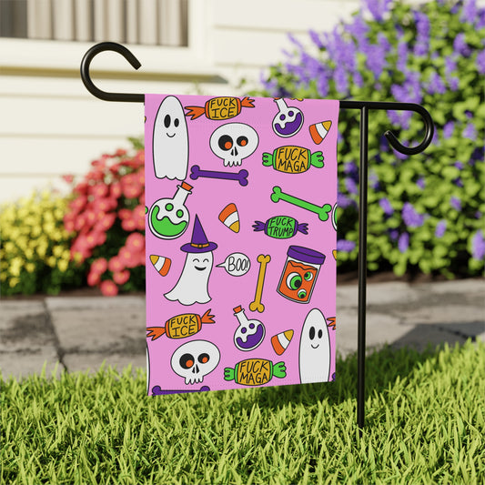 Halloween Political Garden Flag – Ghosts, Skulls & 'F**k Trump' Candy Pattern pink