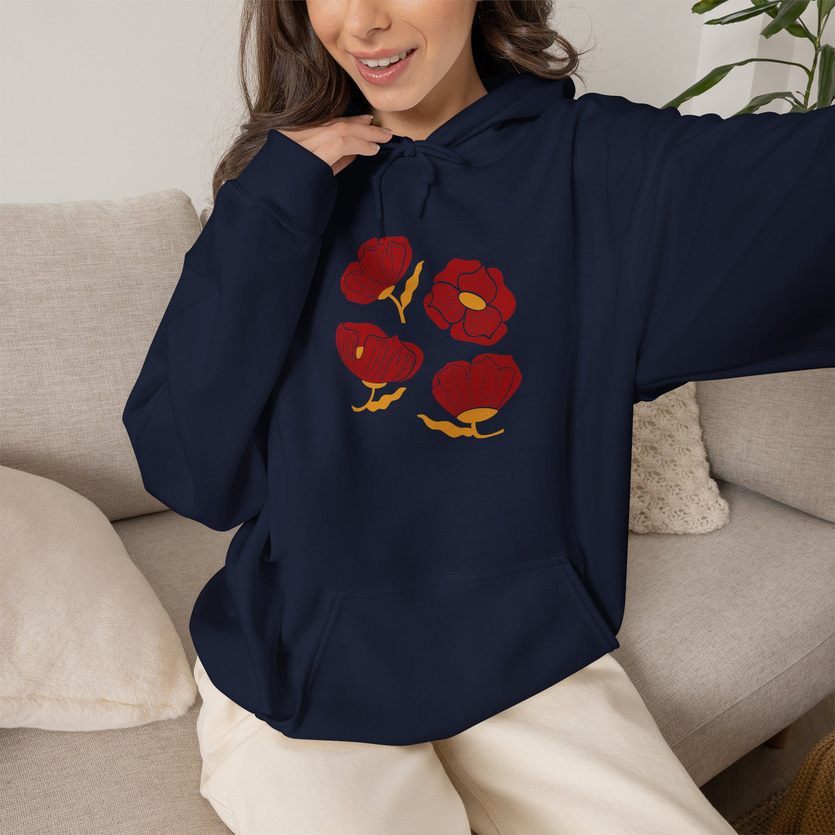 Slightly Subtle Red Poppy Flowers Hoodie | Floral Illustration, Minimal Line Art FDT