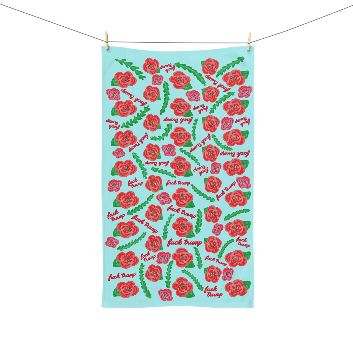 Slightly Subtle Red Poppies on Aqua Hand Towel
