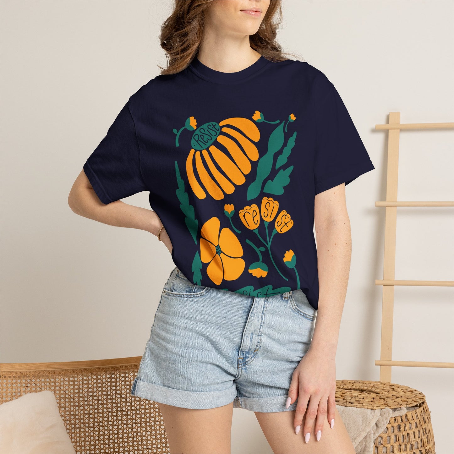 Floral Resist Tee — Retro Orange & Green Autumn Graphic T-Shirt