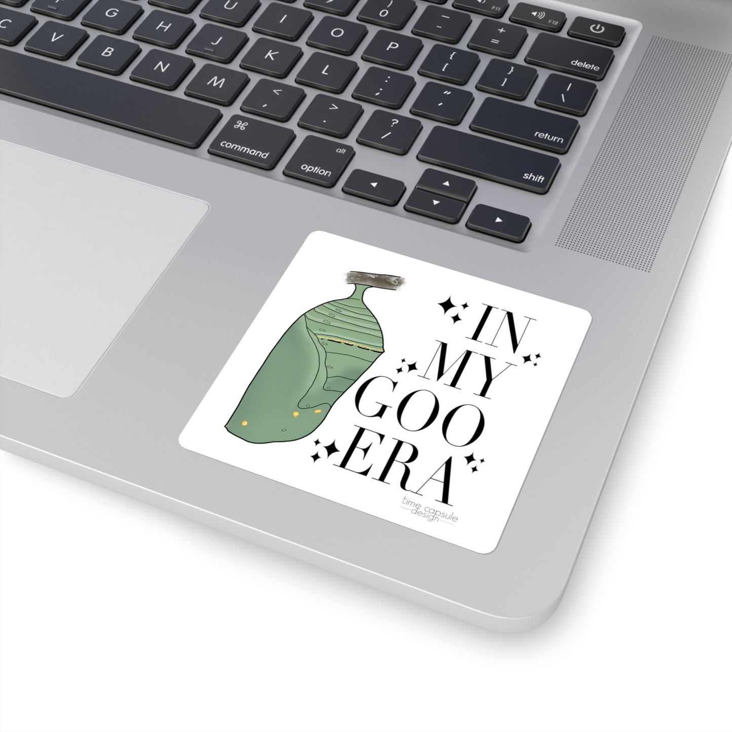 In My Goo Era Square Sticker | Chrysalis Caterpillar Butterfly Growth Illustration