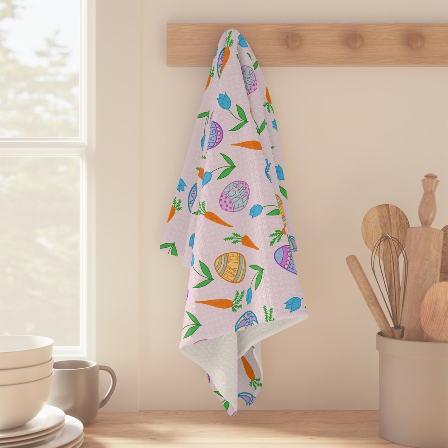Slightly Subtle Easter Egg and Carrot Pattern Microfiber Tea Towel | Pastel Spring Kitchen