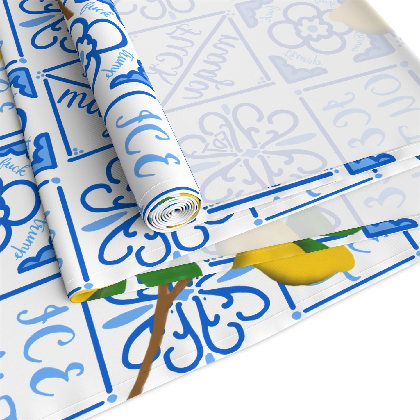 Amalfi Lemon and Blue Tile Pattern Table Runner | Mediterranean Ceramic Blue Motif, Cotton-Poly Blend