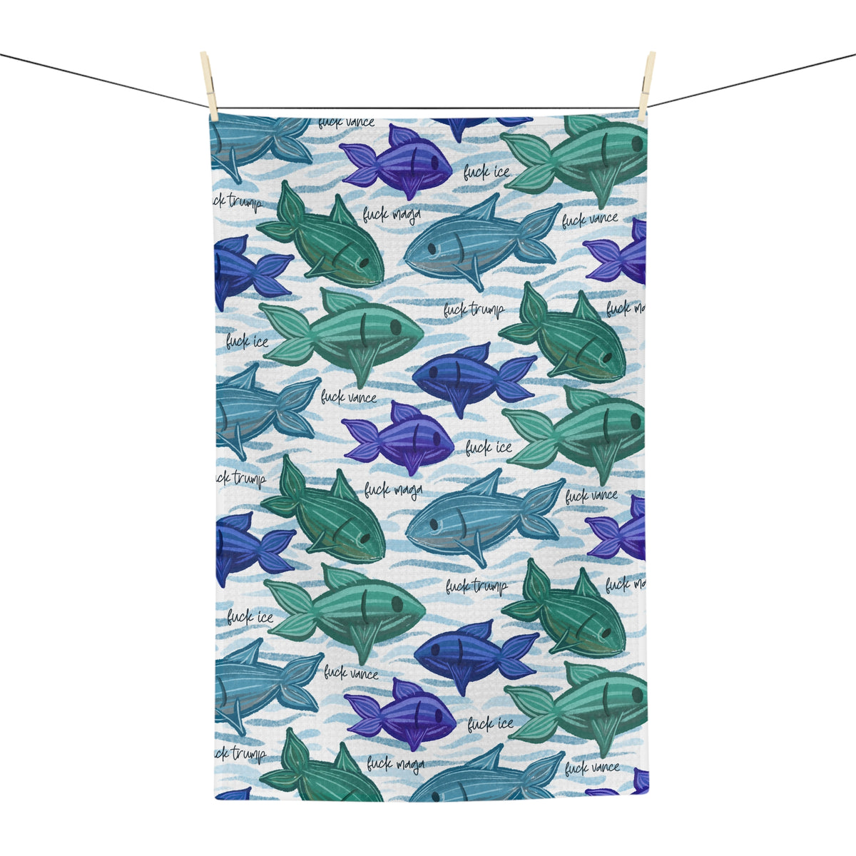 Painterly Fish Pattern Microfiber Tea Towel Blue & Green Coastal Kitchen Linen