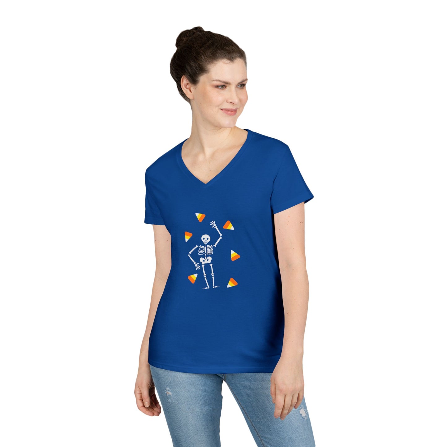 Skeleton & Candy Corn V-Neck Tee Cute Halloween T-Shirt