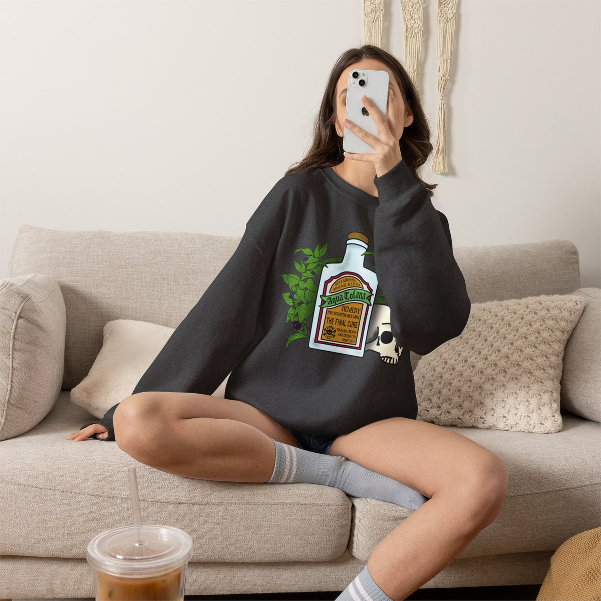 Crewneck Sweatshirt Aqua Tofana Apothecary Bottle & Skull Graphic
