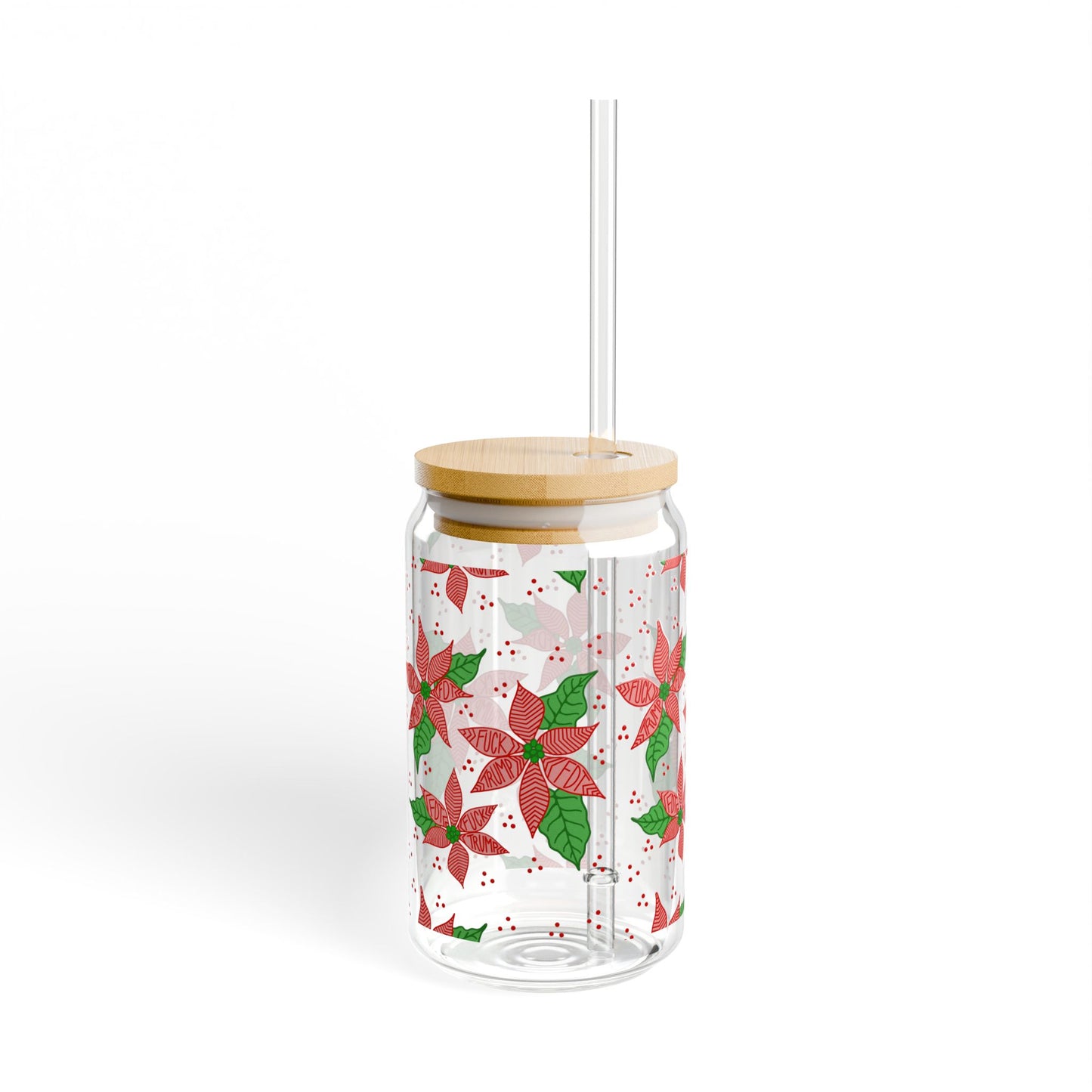 Slightly Subtle Poinsettia Pattern Sipper Glass | 16oz Holiday Floral Drinkware