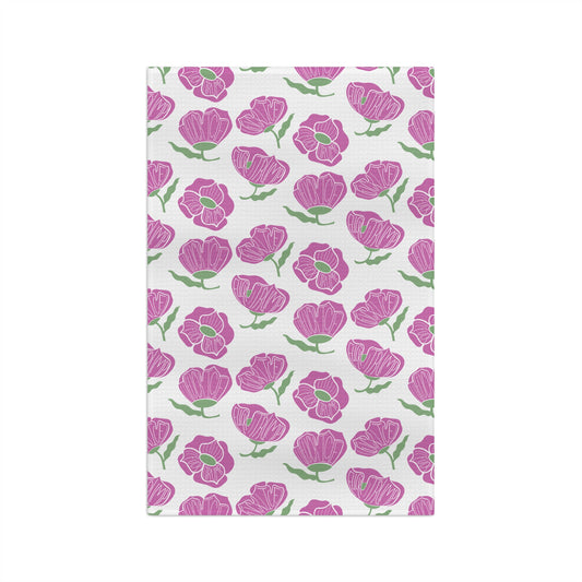 Slightly Subtle Pink Poppy Pattern Microfiber Tea Towel | Floral Kitchen Linen