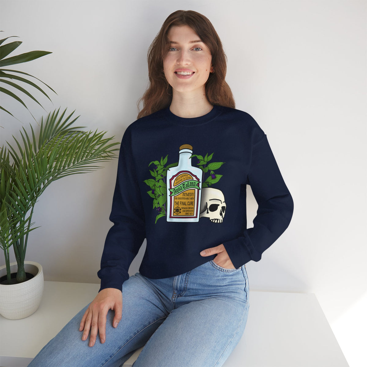 Crewneck Sweatshirt Aqua Tofana Apothecary Bottle & Skull Graphic