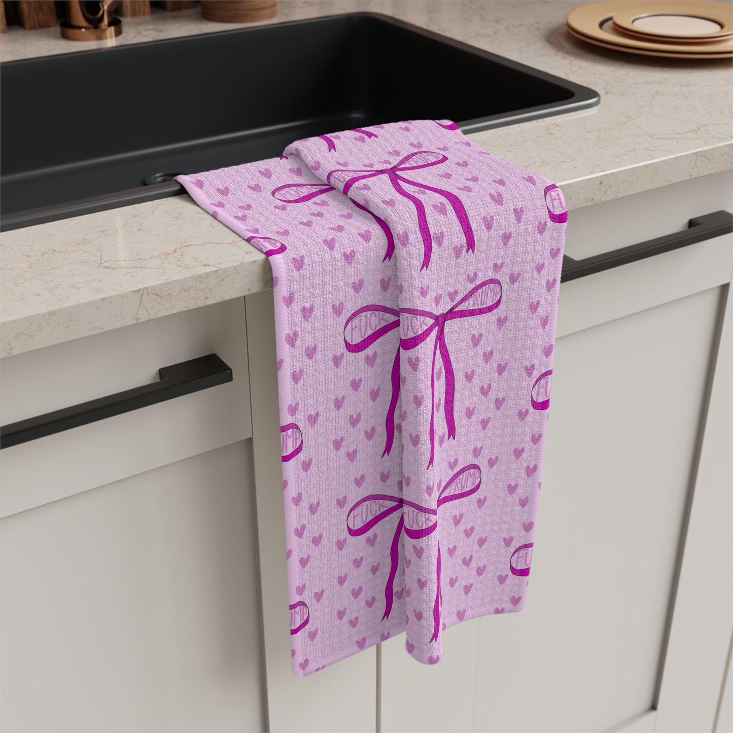 Slightly Subtle Pink Bow Pattern Microfiber Tea Towel | Cute Heart Background FDT