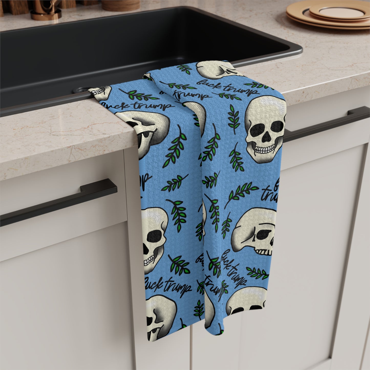 Slightly Subtle Skull Pattern with Leaves Blue microfiber tea towel | Halloween spooky kitchen decor