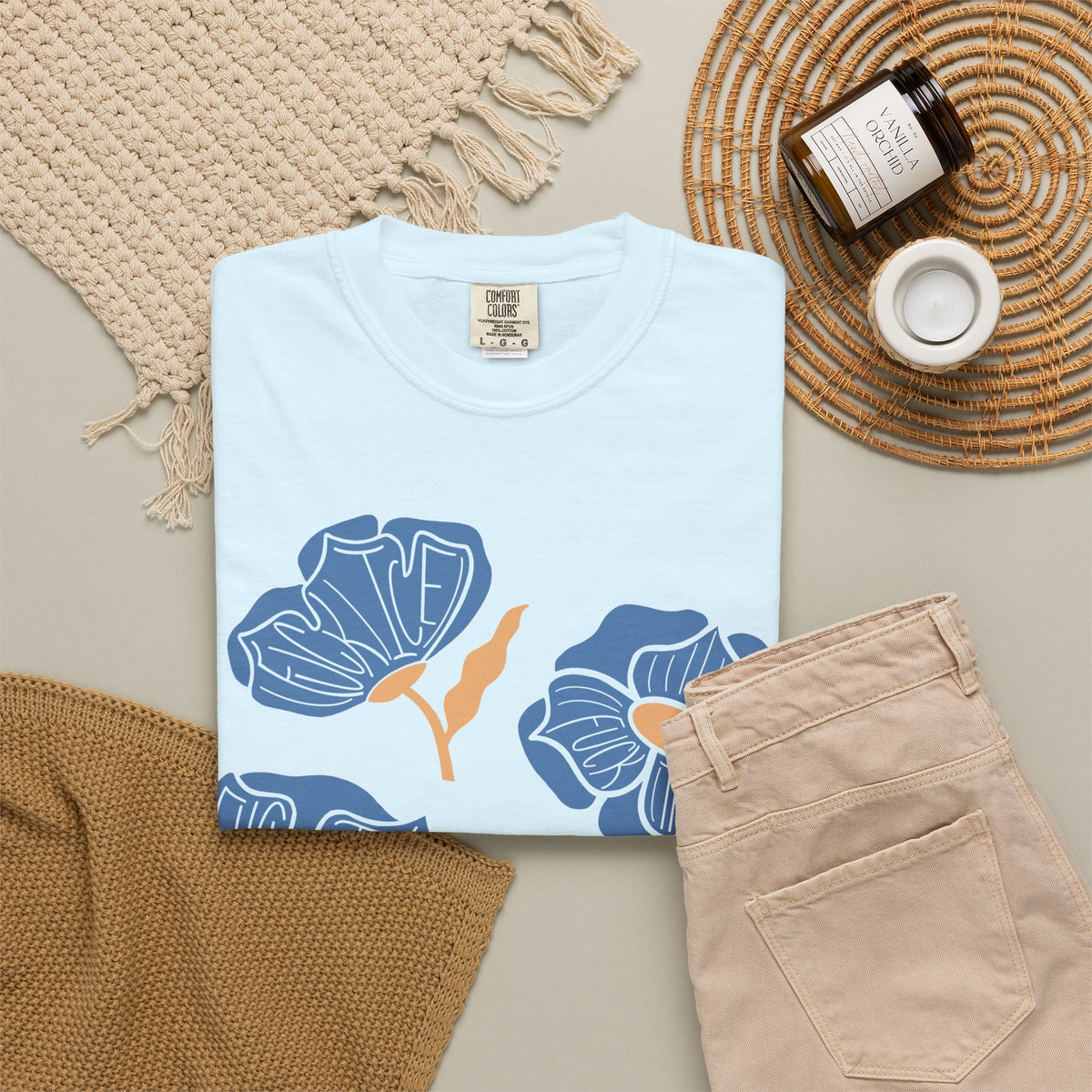 Slightly Subtle Blue Poppy Flowers T-Shirt | Floral Illustration Tee