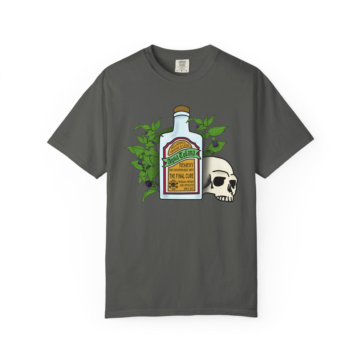 Skull & Remedy Bottle T-Shirt Aqua Tofana Vintage Apothecary Graphic Tee