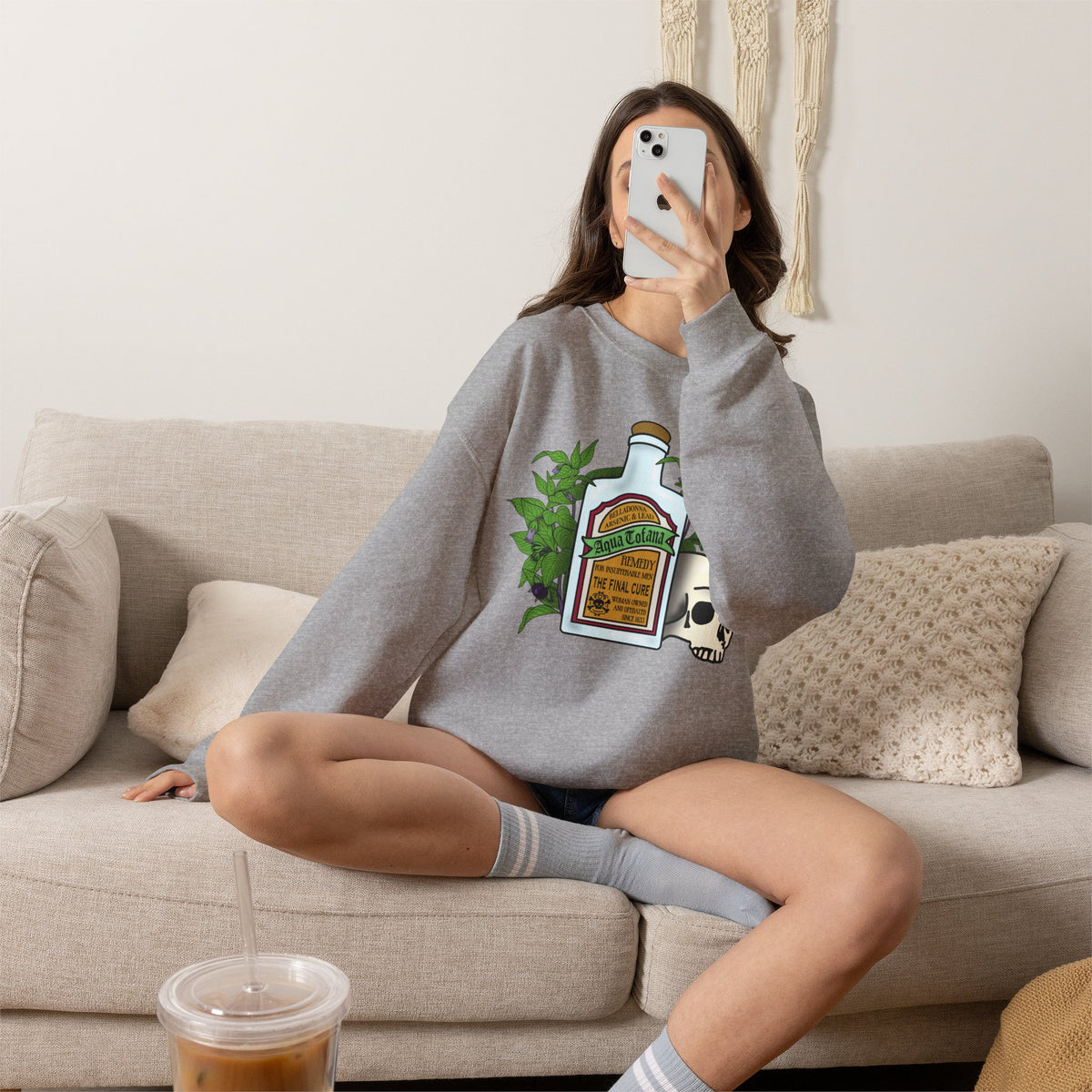Crewneck Sweatshirt Aqua Tofana Apothecary Bottle & Skull Graphic