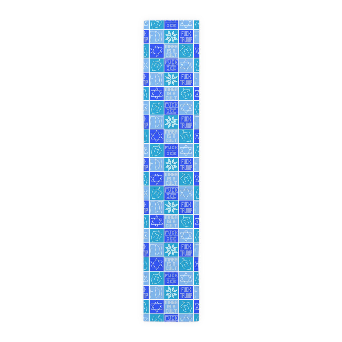 Hanukkah FDT Dreidel Patchwork Checkered Blue Winter Table Runner