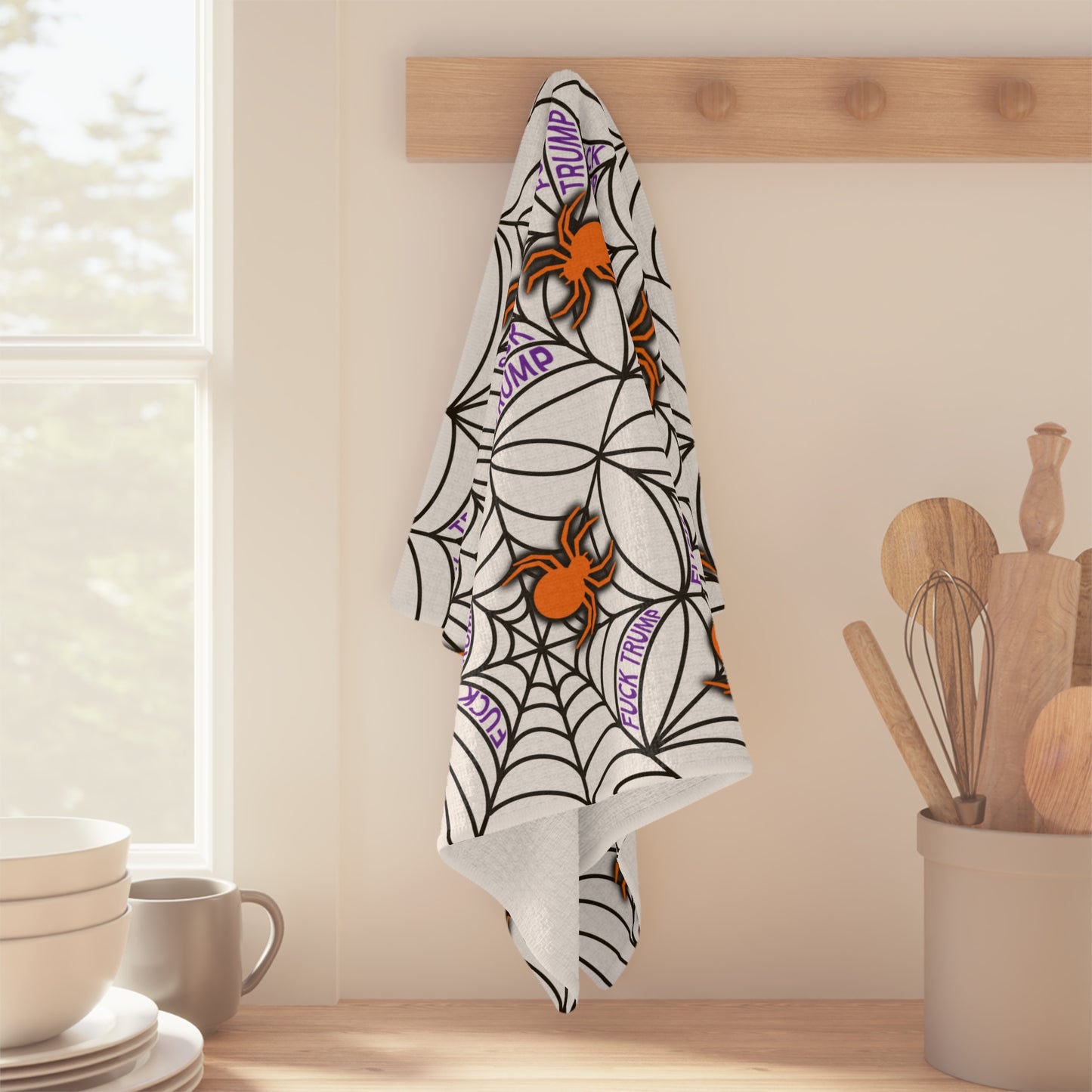 Halloween Spider Web Microfiber Tea Towel Orange Spiders