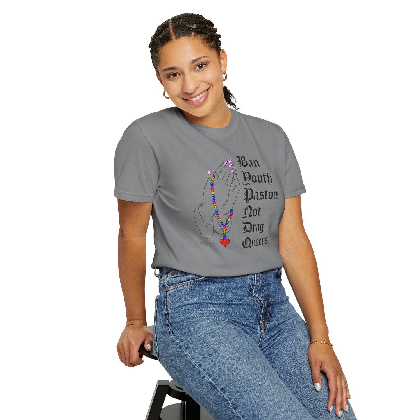Ban South Pastors Not Drag Queens T-Shirt — Prayer Hands with Rainbow Rosary LGBTQ+ Ally Tee