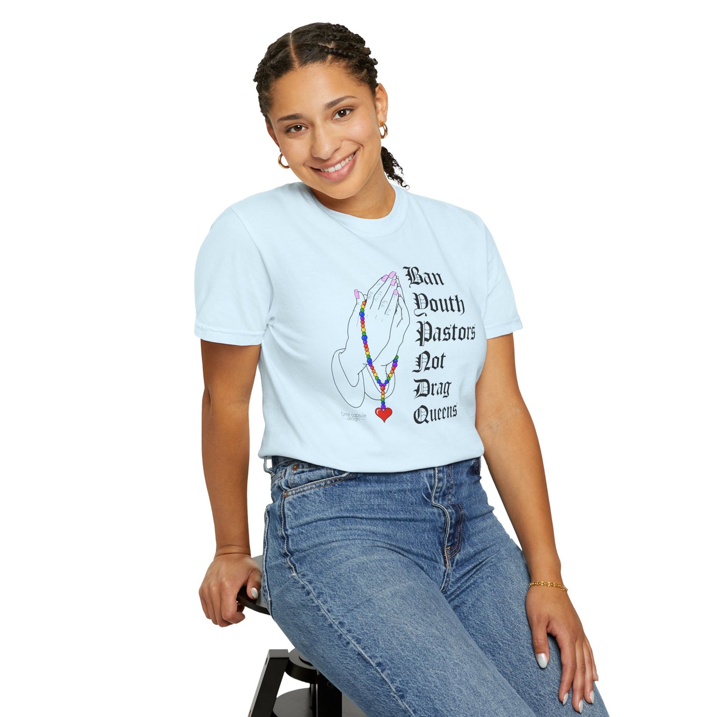 Ban South Pastors Not Drag Queens T-Shirt — Prayer Hands with Rainbow Rosary LGBTQ+ Ally Tee