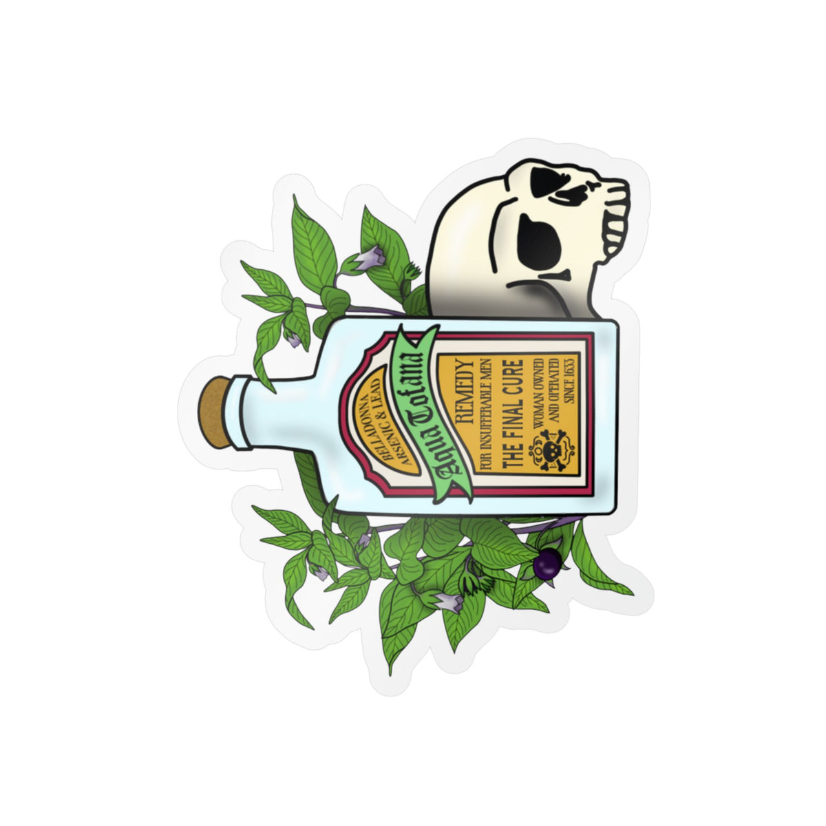 Herbal Aqua Tofana Tonic Bottle Sticker  Skull & Belladonna Kiss-Cut Vinyl Decal
