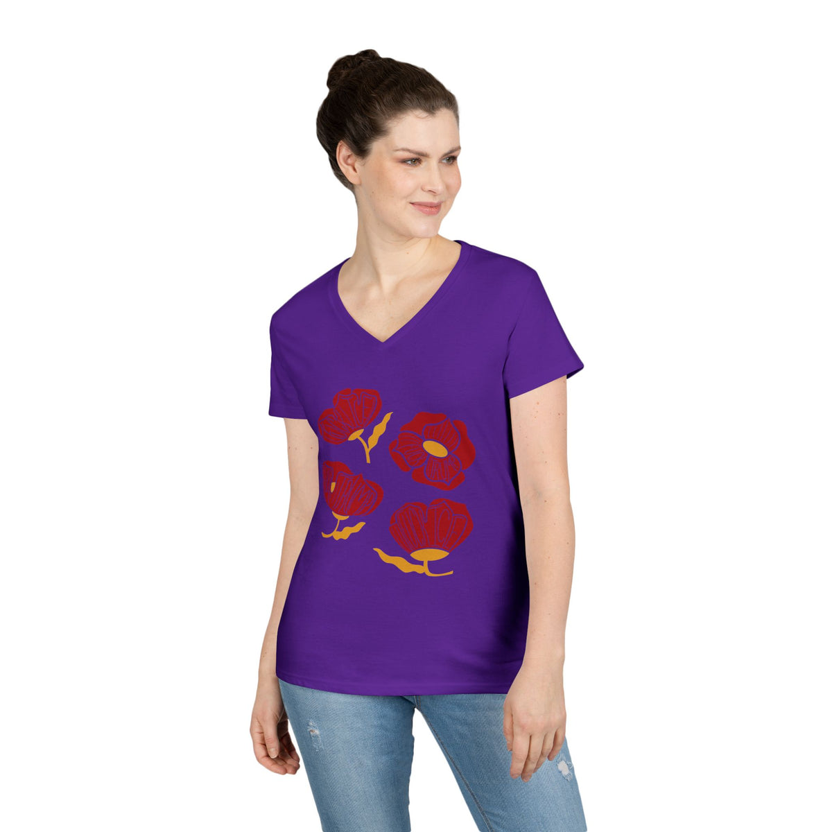 Slightly Subtle Red Poppies V-Neck T-Shirt | Floral Graphic Tee FDT