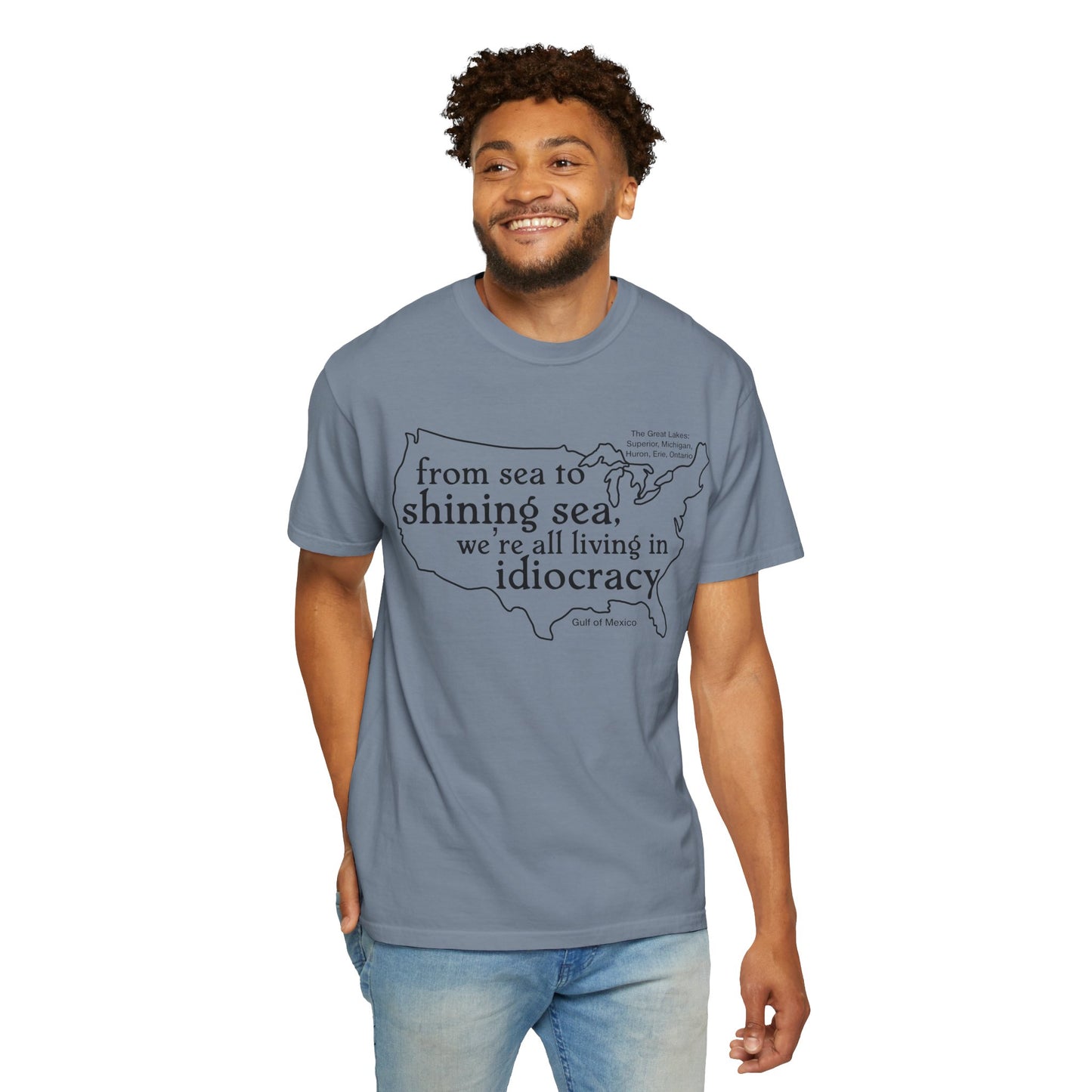 Idiocracy Map T-Shirt  'From sea to shining sea we are living in idiocracy' Minimal Political Tee Great Lakes Gulf of Mexico