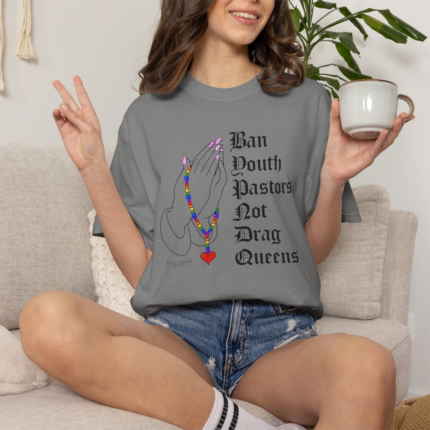 Ban South Pastors Not Drag Queens T-Shirt — Prayer Hands with Rainbow Rosary LGBTQ+ Ally Tee