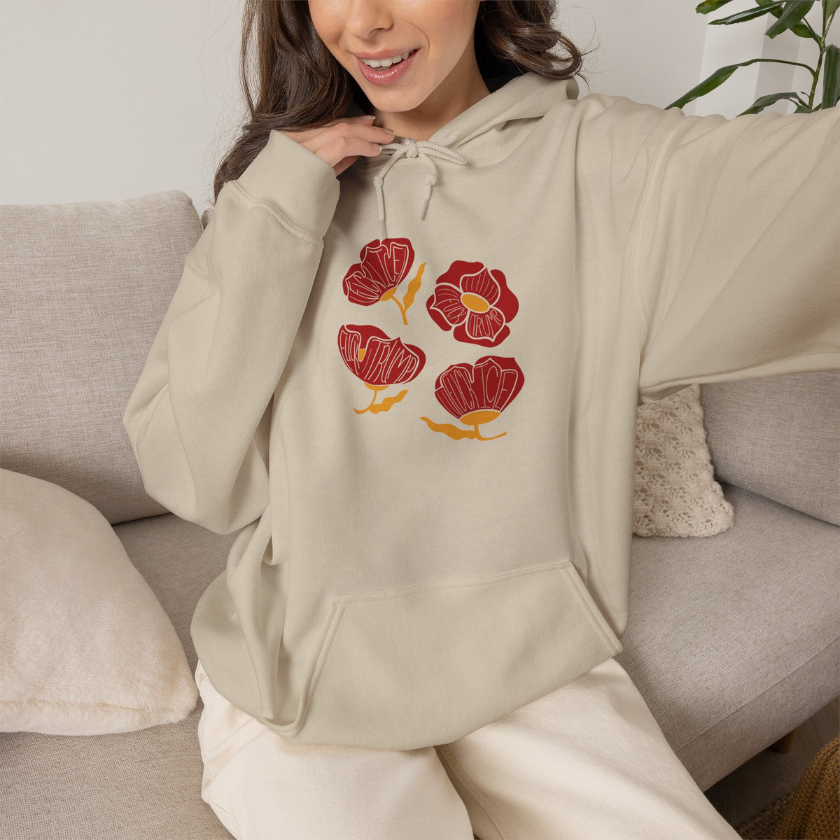 Slightly Subtle Red Poppy Flowers Hoodie | Floral Illustration, Minimal Line Art FDT