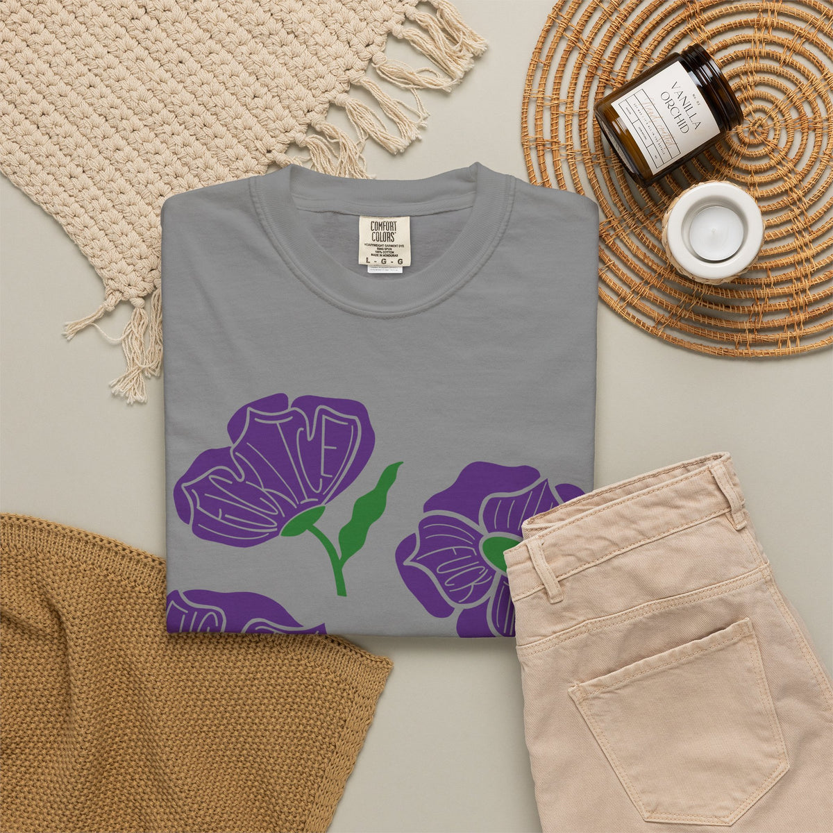 Slightly Subtle Purple Poppy Floral Print T-shirt | Hand-Drawn Flower Illustration FDT