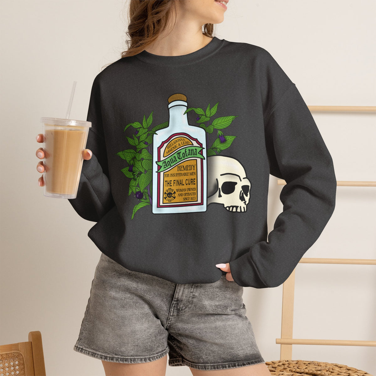 Crewneck Sweatshirt Aqua Tofana Apothecary Bottle & Skull Graphic